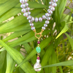 Grey Button Shape Pearl Necklace, Ruby, Chrysoprase & Baroque Pearl Removable Pendant, Gold Vermeil, 18" – Handmade in Canada