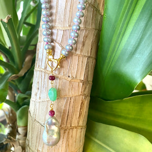 Grey Button Shape Pearl Necklace, Ruby, Chrysoprase & Baroque Pearl Removable Pendant, Gold Vermeil, 18" – Handmade in Canada