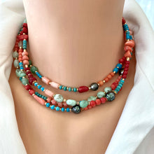 Lade das Bild in den Galerie-Viewer, Turquoise, Chrysoprase, Pink Orange Red Coral and Tahitian Pearl Summer Necklace, Gold Filled, 15-16&quot;in
