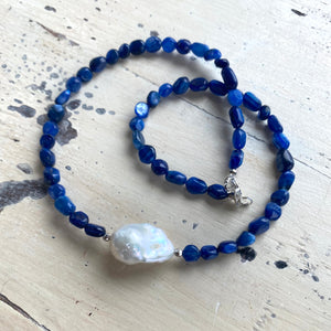 Kyanite and Baroque Pearl Necklace with Sterling Silver Beads and Closure, Kyanite Jewelry