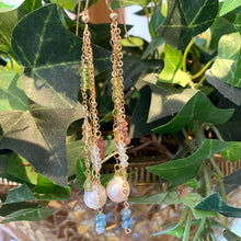 Lade das Bild in den Galerie-Viewer, Yellow Gold Multi Gemstones and Baroque Pearl Hoop Earrings, Aquamarine, Citrine, Peridot &amp; Pink Tourmaline, Gemstone Long Dangle Earrings
