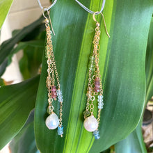 Lade das Bild in den Galerie-Viewer, Yellow Gold Multi Gemstones and Baroque Pearl Hoop Earrings, Aquamarine, Citrine, Peridot &amp; Pink Tourmaline, Gemstone Long Dangle Earrings
