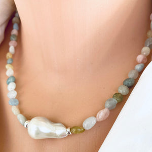 Aquamarine and Morganite Beaded Necklace Embellished with A Large Baroque Pearl, Sterling Silver