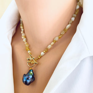 Yellow Opal Beads w Honey Bees Toggle Clasp & Black Baroque Pearl, 16.5"in