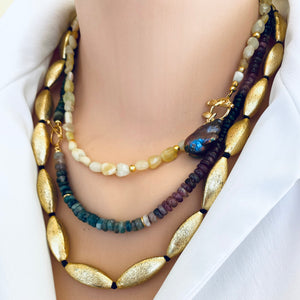 Yellow Opal Beads w Honey Bees Toggle Clasp & Black Baroque Pearl, 16.5"in