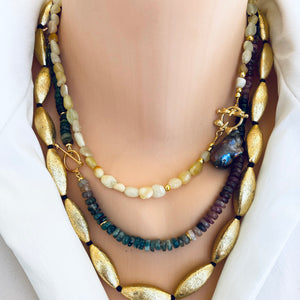 Yellow Opal Beads w Honey Bees Toggle Clasp & Black Baroque Pearl, 16.5"in