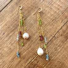 Lade das Bild in den Galerie-Viewer, Yellow Gold Multi Gemstones and Baroque Pearl Hoop Earrings, Aquamarine, Citrine, Peridot &amp; Pink Tourmaline, Gemstone Long Dangle Earrings
