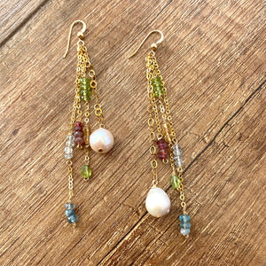 Yellow Gold Multi Gemstones and Baroque Pearl Hoop Earrings, Aquamarine, Citrine, Peridot & Pink Tourmaline, Gemstone Long Dangle Earrings