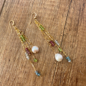 Yellow Gold Multi Gemstones and Baroque Pearl Hoop Earrings, Aquamarine, Citrine, Peridot & Pink Tourmaline, Gemstone Long Dangle Earrings