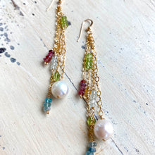 Lade das Bild in den Galerie-Viewer, Yellow Gold Multi Gemstones and Baroque Pearl Hoop Earrings, Aquamarine, Citrine, Peridot &amp; Pink Tourmaline, Gemstone Long Dangle Earrings
