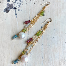 Lade das Bild in den Galerie-Viewer, Yellow Gold Multi Gemstones and Baroque Pearl Hoop Earrings, Aquamarine, Citrine, Peridot &amp; Pink Tourmaline, Gemstone Long Dangle Earrings
