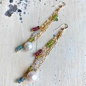 Yellow Gold Multi Gemstones and Baroque Pearl Hoop Earrings, Aquamarine, Citrine, Peridot & Pink Tourmaline, Gemstone Long Dangle Earrings