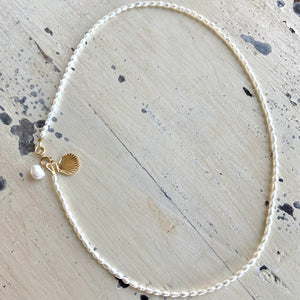 White Mini Rice pearl Necklace with Sea Shell Charm, Gold Filled, 16"inches Dainty Pearl Necklace