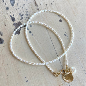 White Mini Rice pearl Necklace with Sea Shell Charm, Gold Filled, 16"inches Dainty Pearl Necklace