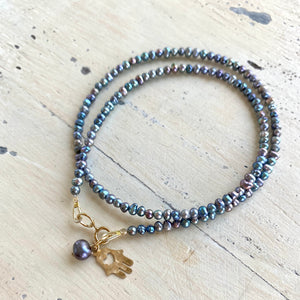 Black Mini Rice pearl Necklace with Hamsa Hand Charm, Gold Filled, 16"inches