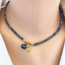 Load image into Gallery viewer, Black Mini Rice pearl Necklace with Hamsa Hand Charm, Gold Filled, 16&quot;inches
