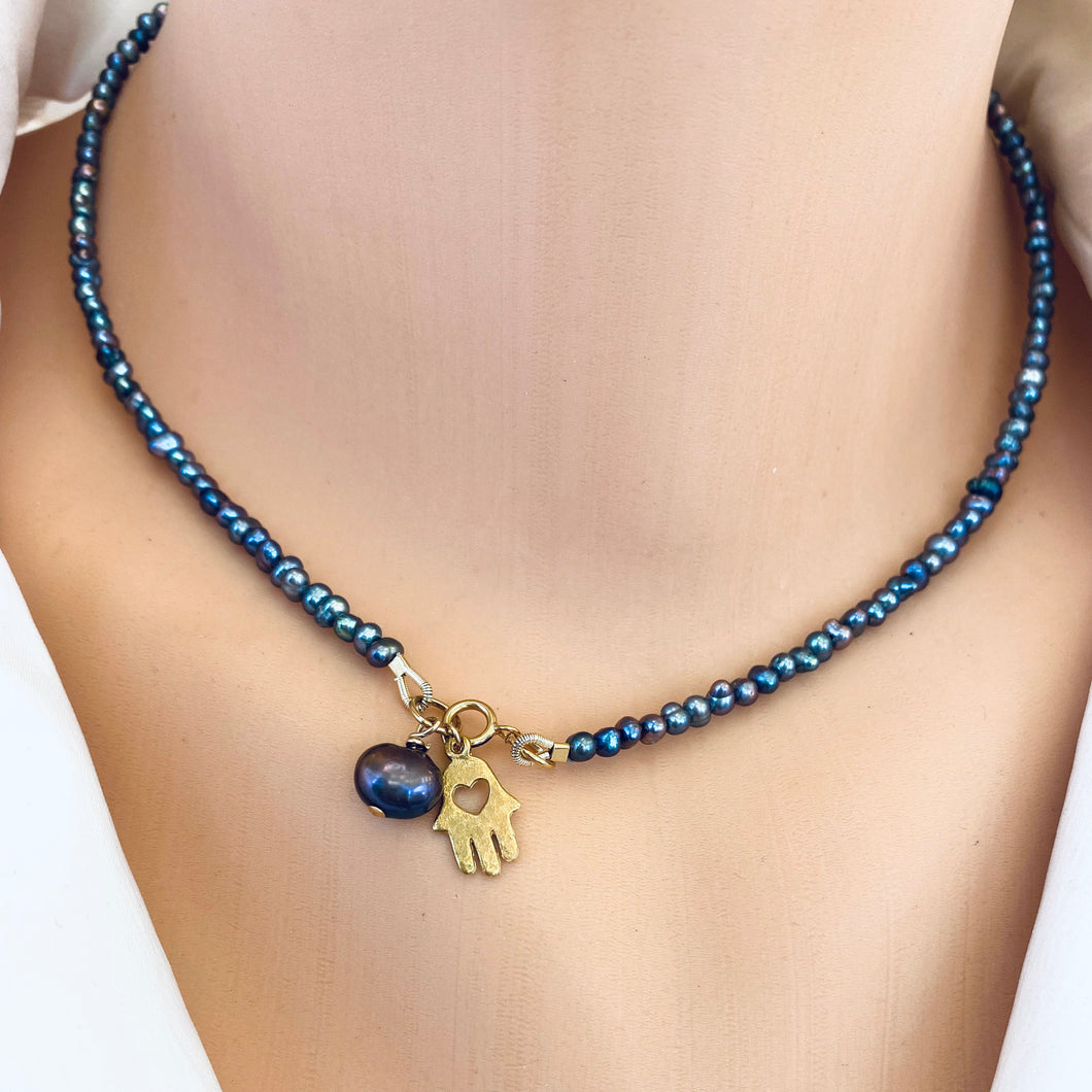 Black Mini Rice pearl Necklace with Hamsa Hand Charm, Gold Filled, 16