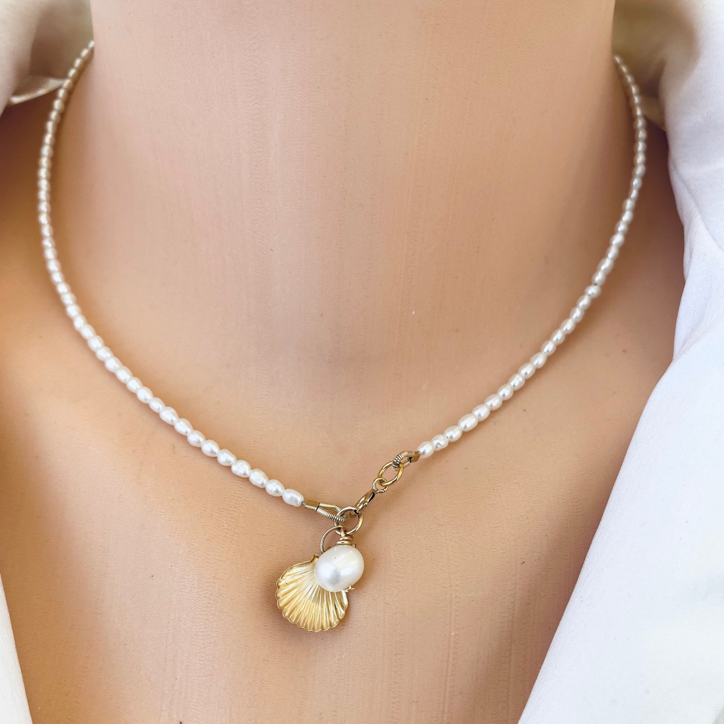 Pearl necklace with sea shell charm, 14K gold filled, handmade in Canada, perfect everyday accessory.