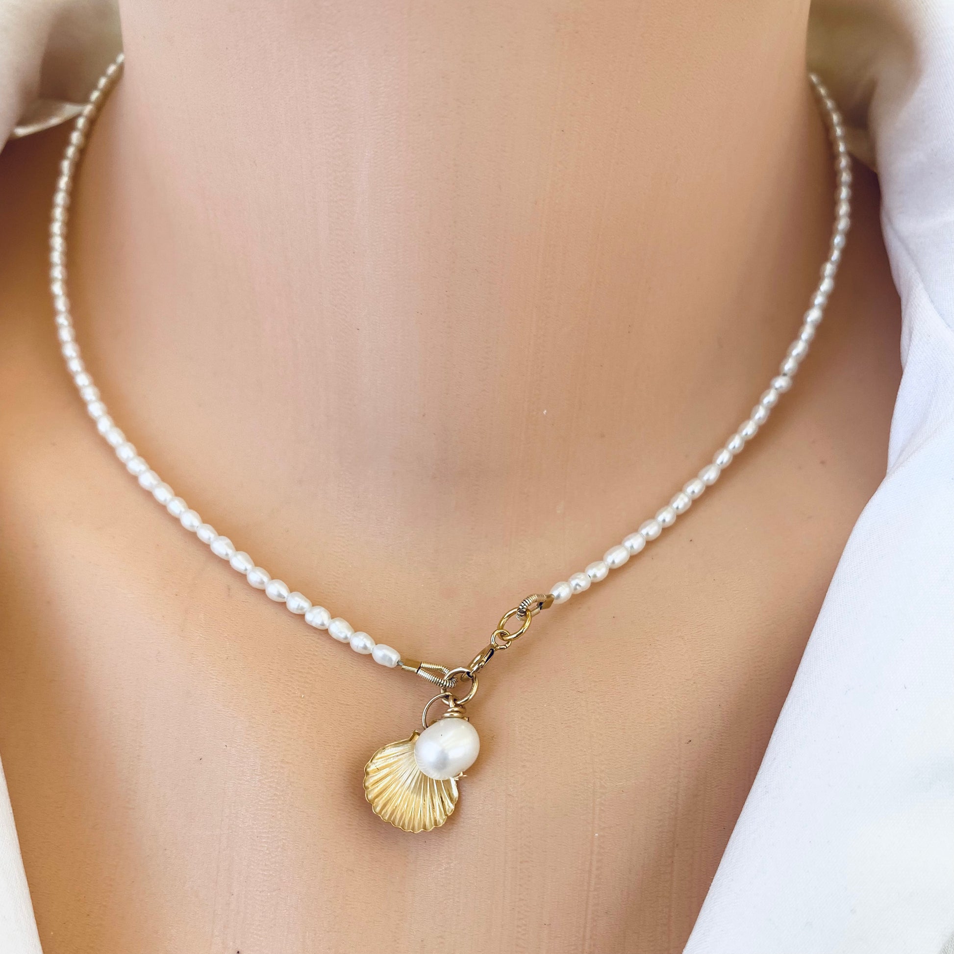 Pearl necklace with sea shell charm, 14K gold filled, handmade in Canada, perfect everyday accessory.