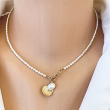 Load image into Gallery viewer, White Mini Rice pearl Necklace with Sea Shell Charm, Gold Filled, 16&quot;inches Dainty Pearl Necklace
