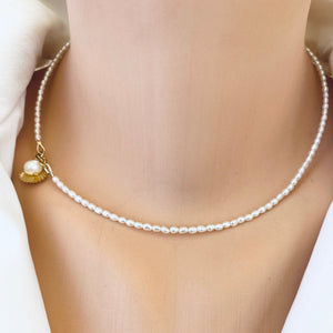 White Mini Rice pearl Necklace with Sea Shell Charm, Gold Filled, 16"inches Dainty Pearl Necklace