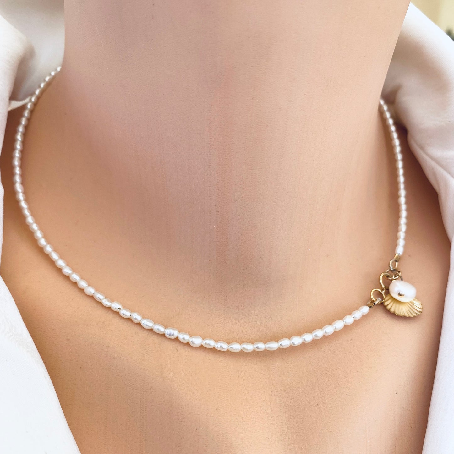 Pearl necklace with sea shell charm, 14K gold filled, elegant everyday accessory, handcrafted in Canada.