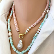 Cargar imagen en el visor de la galería, Sky Blue Opal Tire Beads &amp; Freshwater Pearls Candy Necklace, Vermeil, 21&quot;in
