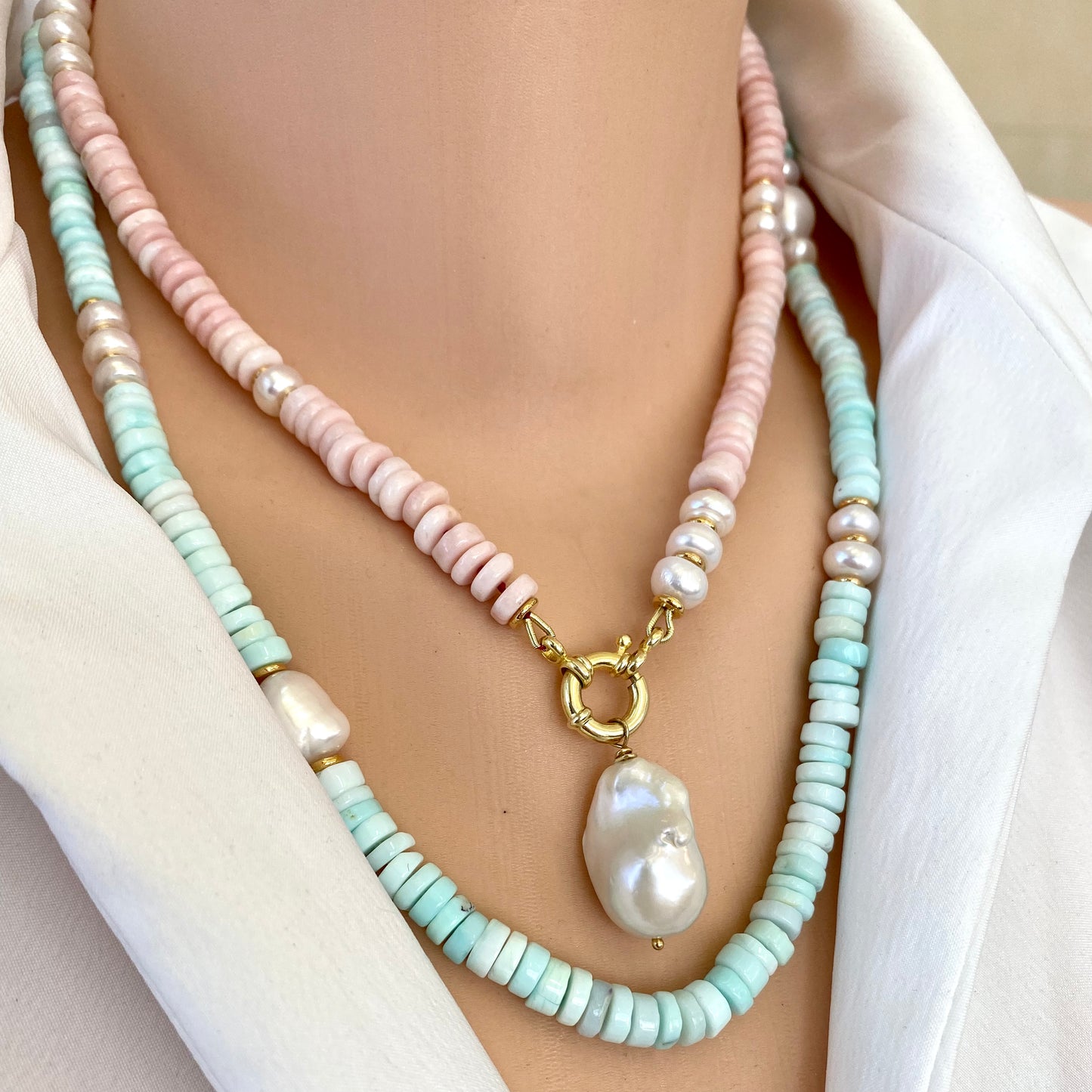 Layered sky blue opal pearl necklace styling with pearl pendant detail, handmade Canadian jewelry