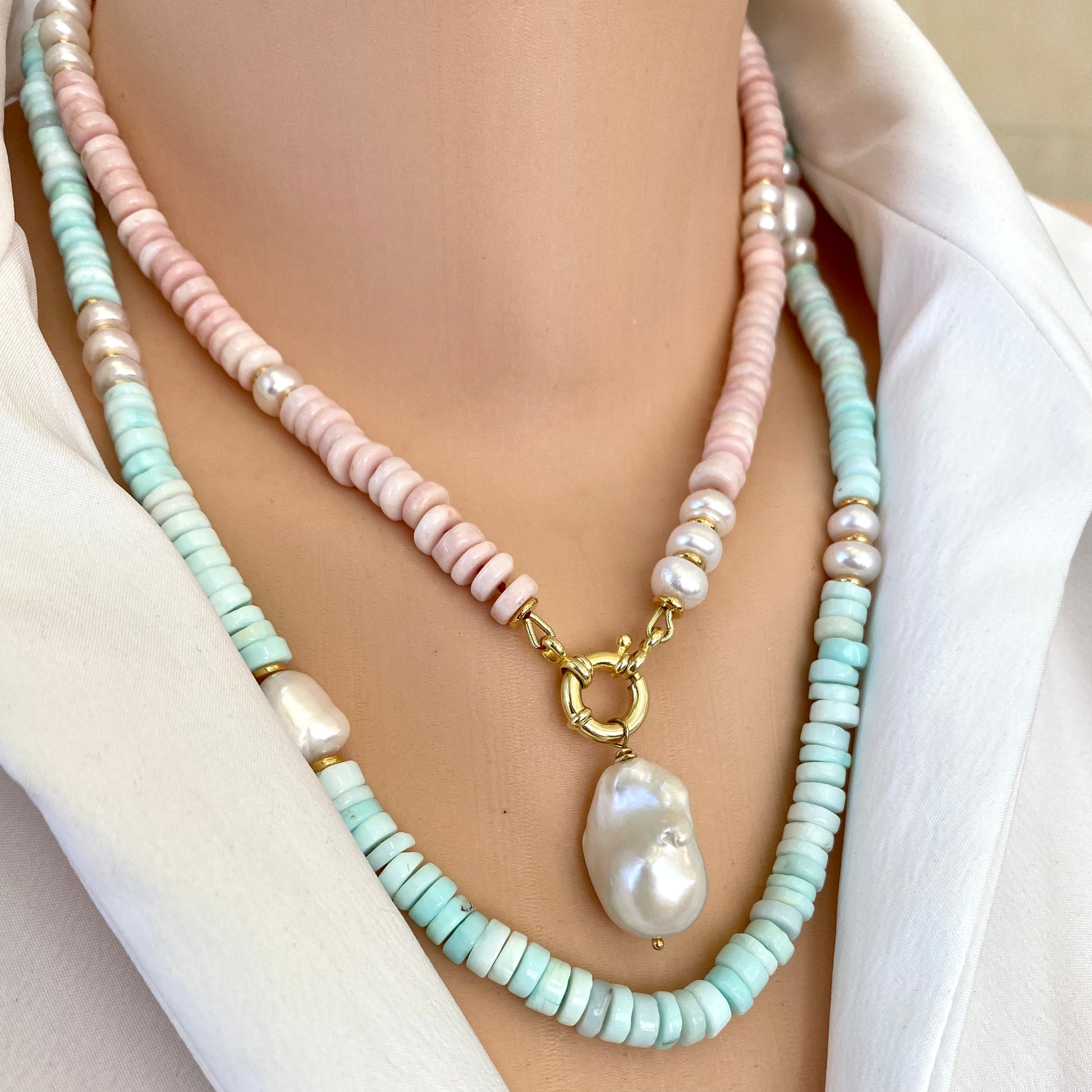 Layered sky blue opal pearl necklace styling with pearl pendant detail, handmade Canadian jewelry