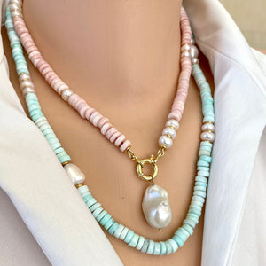 Sky Blue Opal Tire Beads & Freshwater Pearls Candy Necklace, Vermeil, 21"in