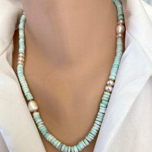 Sky Blue Opal Tire Beads & Freshwater Pearls Candy Necklace, Vermeil, 21"in