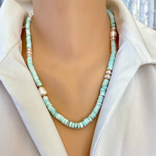 Carica l&#39;immagine nel visualizzatore di Gallery, Sky Blue Opal Tire Beads &amp; Freshwater Pearls Candy Necklace, Vermeil, 21&quot;in
