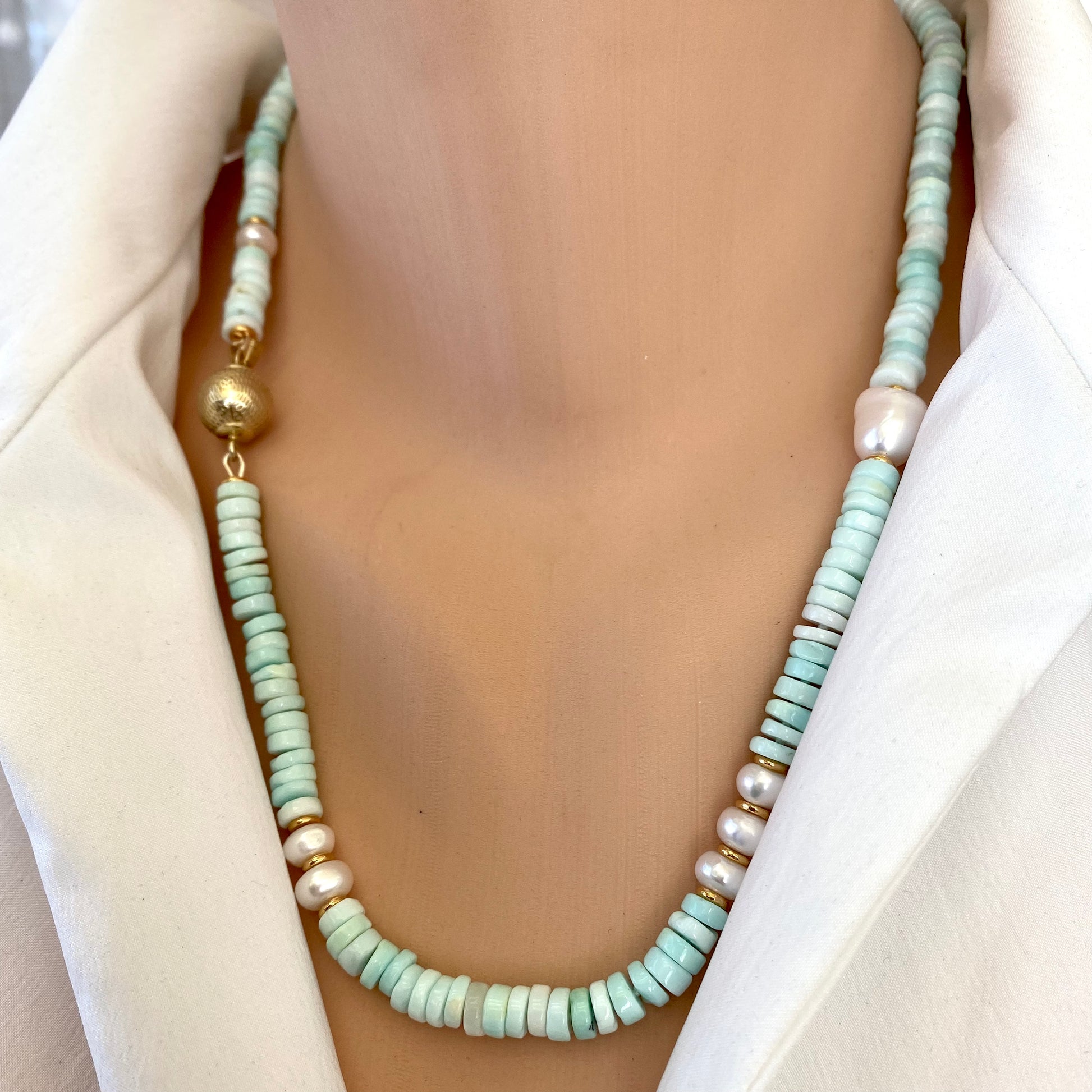 Sky blue opal pearl necklace close-up on neckline showing opal beads and pearls, handcrafted in Canada