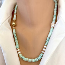 Charger l&#39;image dans la galerie, Sky Blue Opal Tire Beads &amp; Freshwater Pearls Candy Necklace, Vermeil, 21&quot;in
