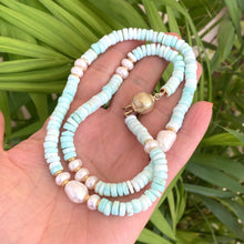 Cargar imagen en el visor de la galería, Sky Blue Opal Tire Beads &amp; Freshwater Pearls Candy Necklace, Vermeil, 21&quot;in
