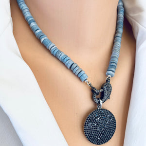 Oregon Blue Opal Candy Necklace w Black Spinel Pave, Oxidized Silver, 17.5"in