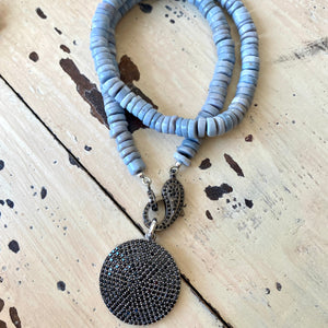 Oregon Blue Opal Candy Necklace w Black Spinel Pave, Oxidized Silver, 17.5"in