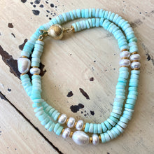 Cargar imagen en el visor de la galería, Sky Blue Opal Tire Beads &amp; Freshwater Pearls Candy Necklace, Vermeil, 21&quot;in
