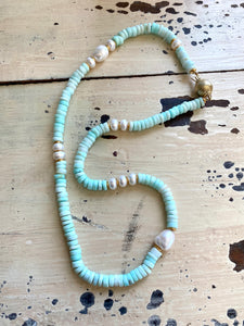 Sky Blue Opal Tire Beads & Freshwater Pearls Candy Necklace, Vermeil, 21"in