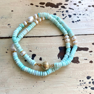 Sky Blue Opal Tire Beads & Freshwater Pearls Candy Necklace, Vermeil, 21"in