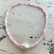 Load image into Gallery viewer, Madagascar Rose Quartz Beaded Necklace with Large Baroque Pearl and Silver Details, 17.5&quot;inches

