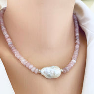 Rose quartz pearl necklace worn on neckline with Madagascar rose quartz and baroque pearl, handmade in Canada