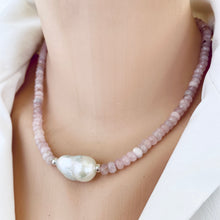 Cargar imagen en el visor de la galería, Madagascar Rose Quartz Beaded Necklace with Large Baroque Pearl and Silver Details, 17.5&quot;inches

