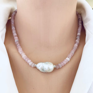 Madagascar Rose Quartz Beaded Necklace with Large Baroque Pearl and Silver Details, 17.5"inches