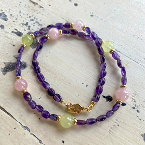 Amethyst Bonbons Necklace w Rose Quartz & Lime Green Jade Accent Beads, Gold Plated, 19"in