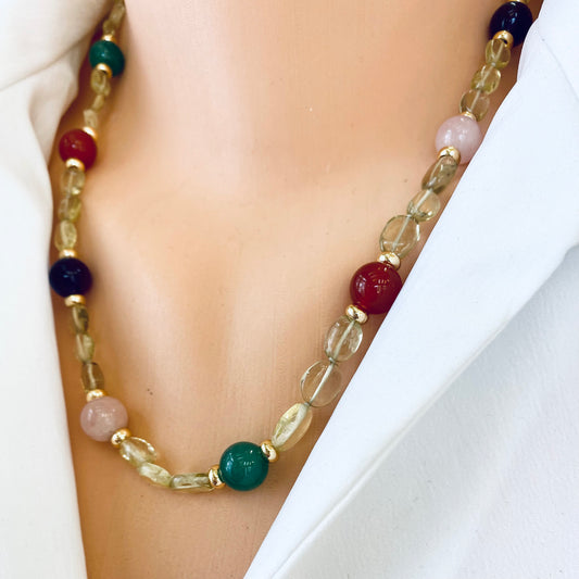 Prasiolite bonbons necklace worn on neck with rose quartz, jade, and amethyst accents, handmade in Canada