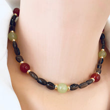 Cargar imagen en el visor de la galería, Fall necklace with brown quartz beads orange Carnelian and green jade
