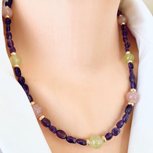 Amethyst Bonbons Necklace w Rose Quartz & Lime Green Jade Accent Beads