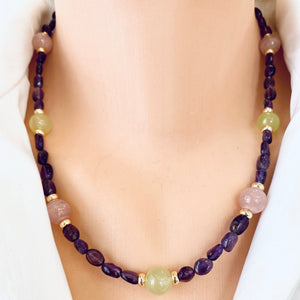 Amethyst Bonbons Necklace w Rose Quartz & Lime Green Jade Accent Beads, Gold Plated, 19"in