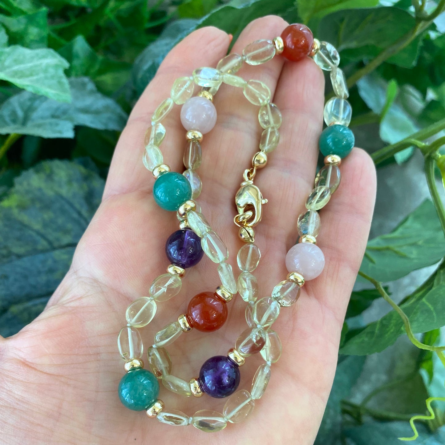 Prasiolite bonbons necklace detail with prasiolite, rose quartz, jade, and amethyst beads, handmade Canadian jewelry